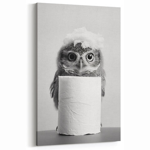 Bathroom Canvas Art - Cute Owl with Toilet Paper Roll