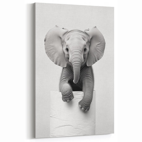 Playful Elephant Bathroom Wall Art - Minimalist Black and White Decor