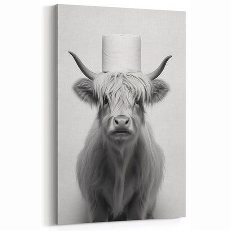 Highland Cow Bathroom Wall Art - Minimalist Black and White Decor