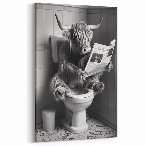 Highland Cow Bathroom Wall Art - Fun Black and White Decor