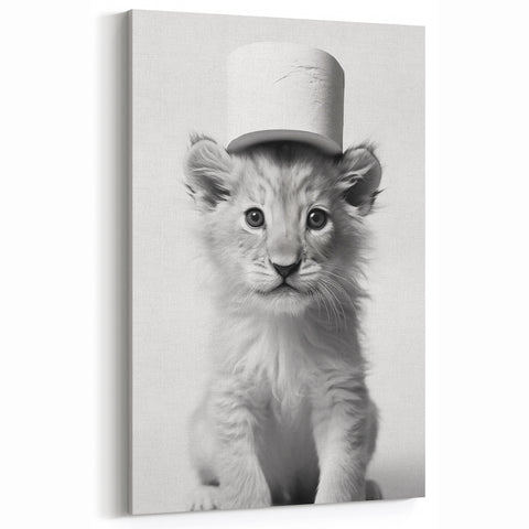 Bathroom Framed Art - Lion Cub with Toilet Roll Hat Minimalist Decor