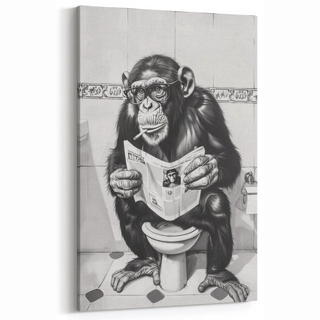 Bathroom Artwork - Humorous Chimp Reading Newspaper Modern Decor