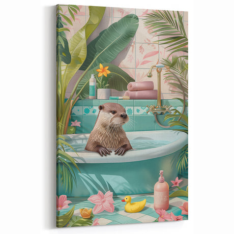 Bathroom Canvas Art - Playful Otter in Tropical Bathtub Scene