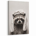 Towel-Wrapped Raccoon Bathroom Wall Art - Black and White Decor