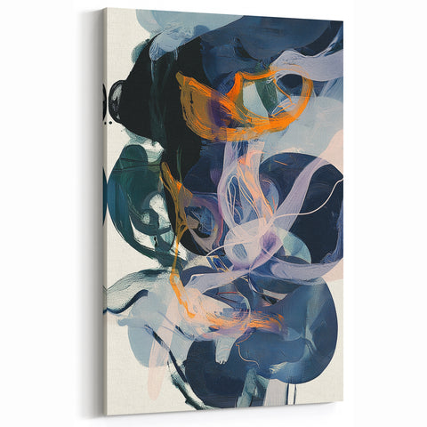 Modern Minimalist Abstract Art - Navy and Orange Fluid Motion Design