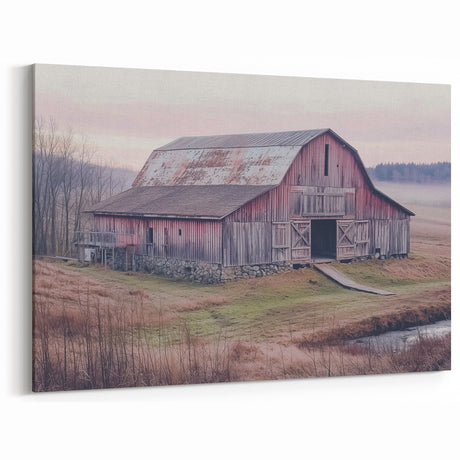 Vintage Barn with Stone Base - Rustic Barn Wall Art for Farmhouse Decor