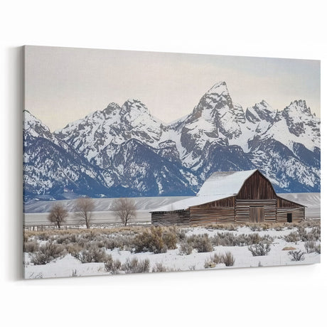 Snowy Barn and Mountain Peaks - Rustic Winter Wall Art for Farmhouse Decor