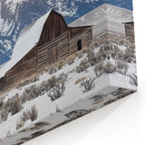 Snowy Barn and Mountain Peaks - Rustic Winter Wall Art for Farmhouse Decor