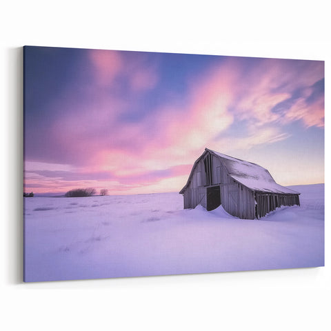 Snowy Barn at Twilight - Scenic Winter Wall Art with Pastel Sky