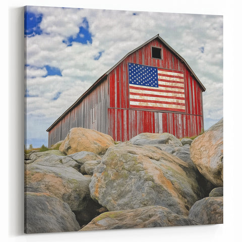 American Flag Barn with Rocks - Patriotic Rustic Wall Art for Home Decor