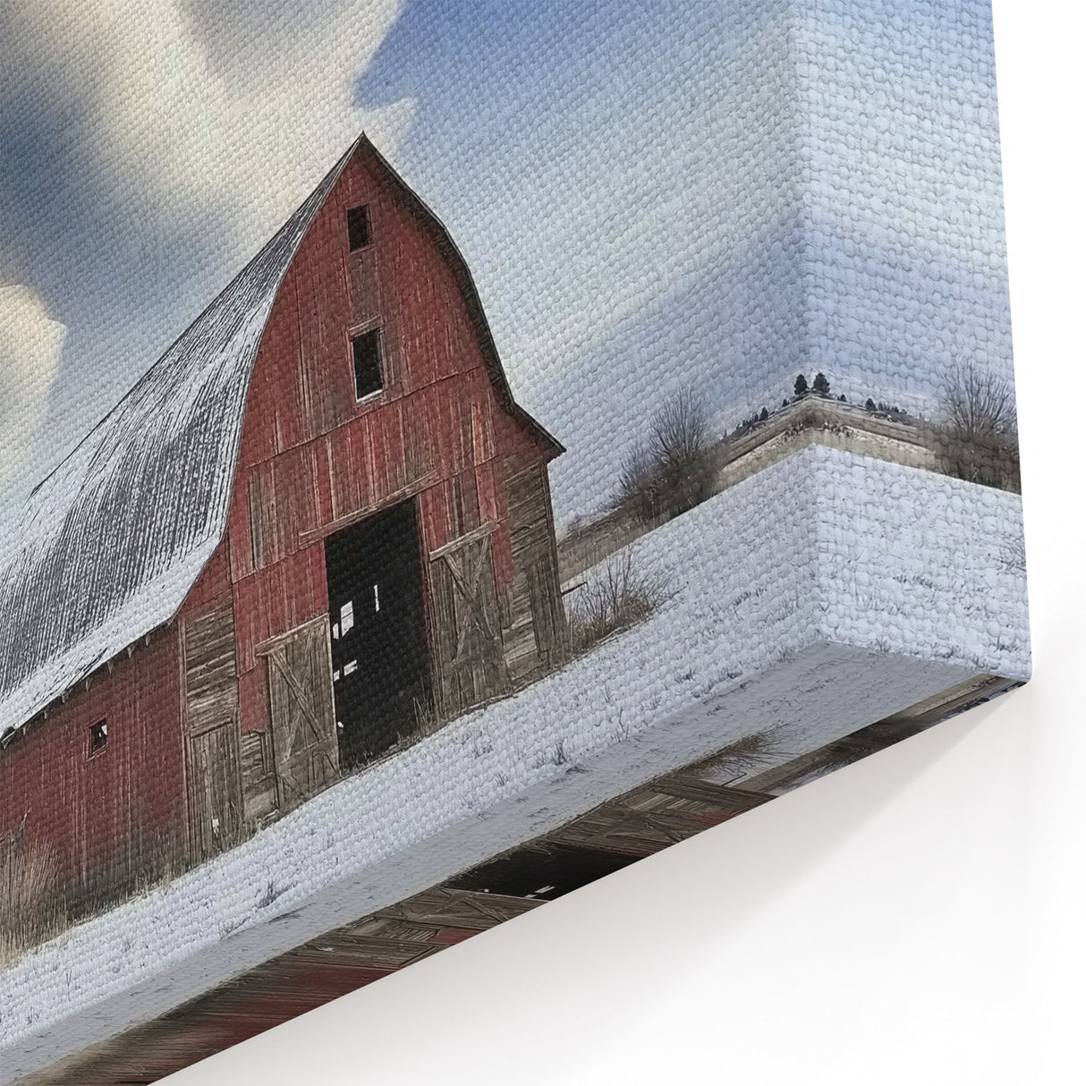 Snowy Red Barn with Dramatic Sky - Rustic Winter Wall Art for Decor