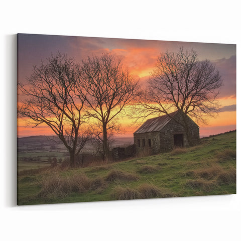 Rustic Stone Barn at Sunset - Scenic Farmhouse Wall Art for Decor