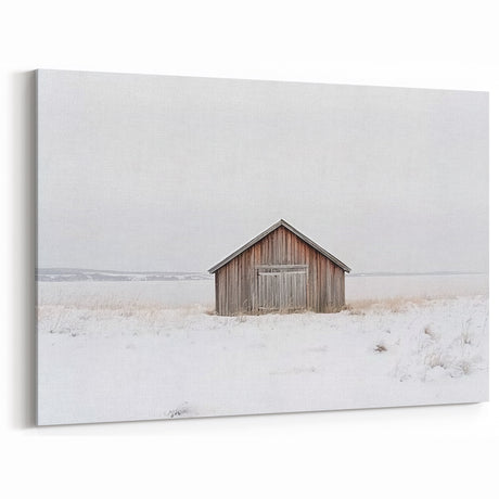Minimalist Wooden Barn in Snow - Rustic Winter Wall Art for Home Decor