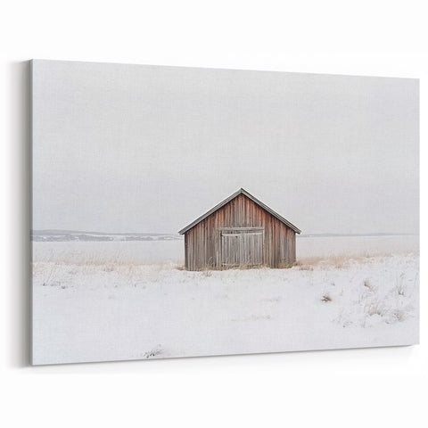 Minimalist Wooden Barn in Snow - Rustic Winter Wall Art for Home Decor