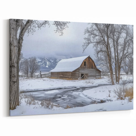 Rustic Winter Barn Wall Art – Farmhouse Canvas with Snowy Landscape