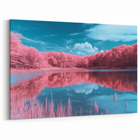 Surreal Nature Wall Art - Vibrant Pink Forest and Reflective Lake Scene