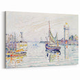 Modern Wall Art: Coastal Harbor Scene with Vibrant Boats and Architecture