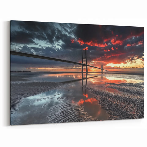Dramatic Sunset Bridge Wall Art - Reflective Skyline Canvas Print
