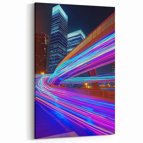Dynamic Light Trail Bridge Wall Art - Futuristic City Canvas Prints
