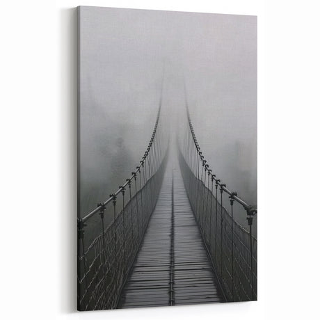 Mystical Foggy Suspension Bridge Wall Art - Black and White Canvas Prints