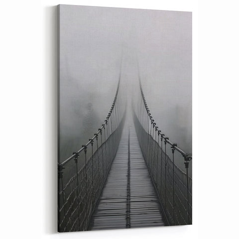 Mystical Foggy Suspension Bridge Wall Art - Black and White Canvas Prints