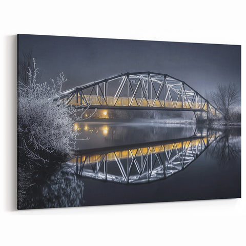 Frosty Winter Bridge Wall Art - Illuminated Night Canvas Prints