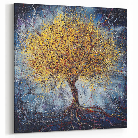 Golden Abstract Tree Art - Blue and Gold Modern Canvas Wall Decor