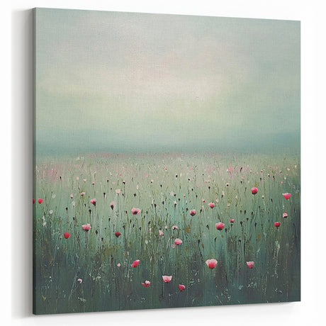 Misty Wildflower Meadow - Abstract Floral Art in Green and Pink