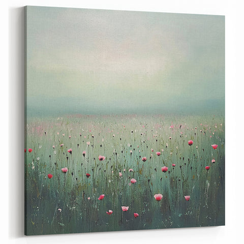 Misty Wildflower Meadow - Abstract Floral Art in Green and Pink