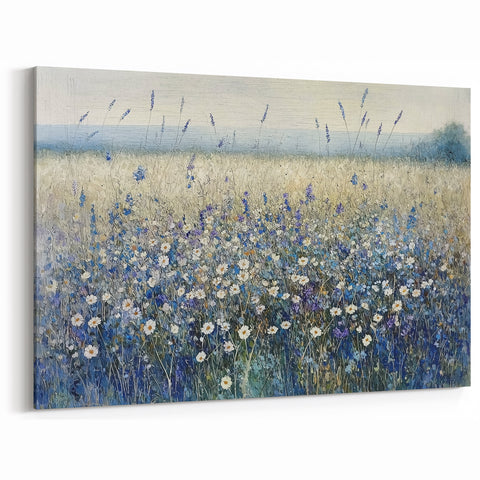 Serene Floral Abstract Canvas - Blue and White Botanical Artwork