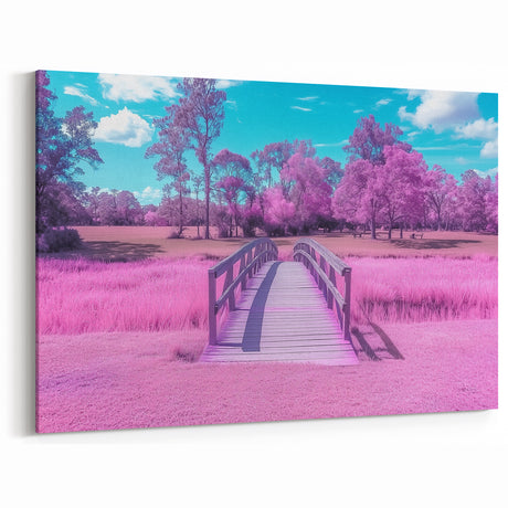 Wooden Bridge in Pastel Meadow - Surreal Landscape Art