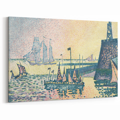 Modern Wall Art: Evening Harbor with Pointillist Sunset Glow