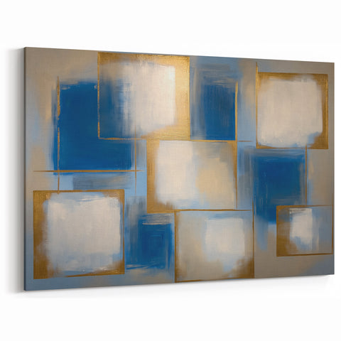 Contemporary Abstract Canvas - Blue and Gold Geometric Patterns Wall Art
