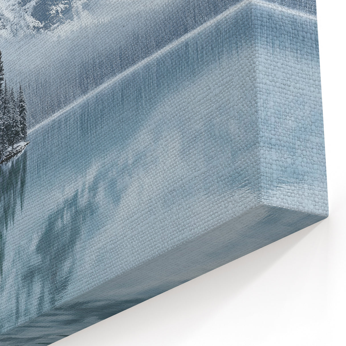 Snowy Cabin by Lake Wall Art – Winter Wonderland Countryside Canvas