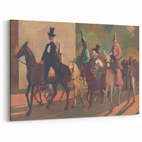 Modern Wall Art: Equestrian Parade with Clowns in Bold Expressionist Style