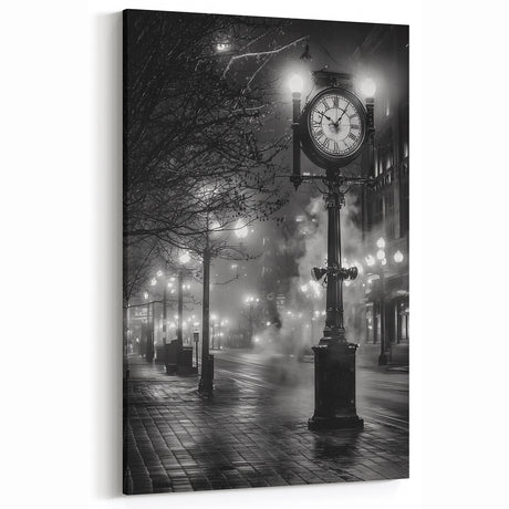 Vintage Street Clock Art - Monochrome Nightscape Wall Decor