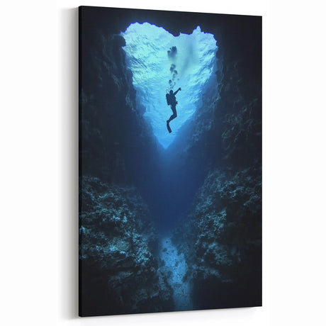 Underwater Cave Photos - Diver in Heart-Shaped Blue Abyss Wall Art