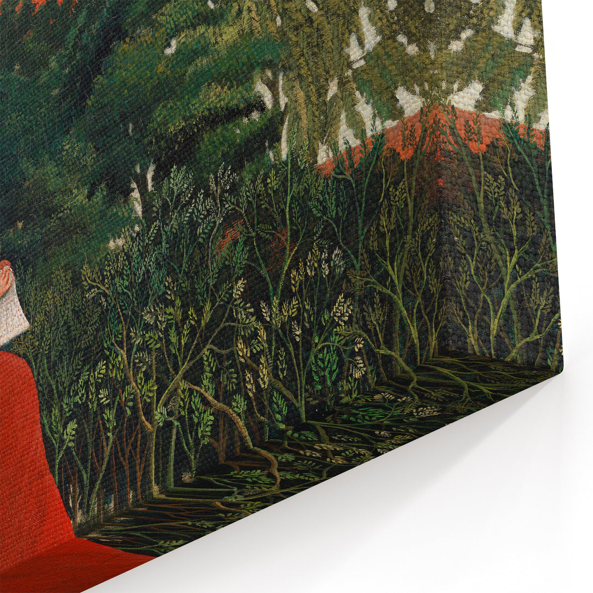 Modern Wall Art: Serene Portrait of Woman in Red with Verdant Landscape