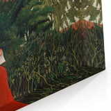 Modern Wall Art: Serene Portrait of Woman in Red with Verdant Landscape