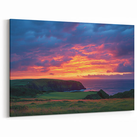 Cliffs Wall Art – Fiery Sunset Over Lush Coastal Cliffs and Ocean