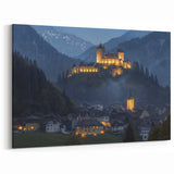 Mountain Castle Wall Art – Illuminated Fortress in Scenic Alpine Village