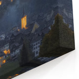 Mountain Castle Wall Art – Illuminated Fortress in Scenic Alpine Village