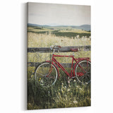 Rustic Farmhouse Decor - Red Bicycle in a Scenic Countryside Field
