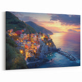Sunset Coastal Village Countryside Wall Art - Vibrant Landscape Canvas