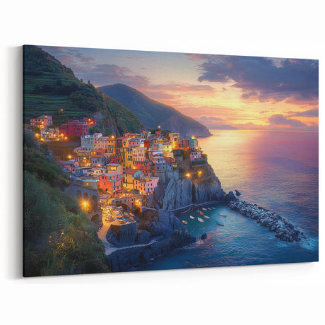 Sunset Coastal Village Countryside Wall Art - Vibrant Landscape Canvas