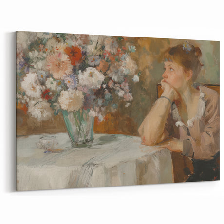 Figurative Abstract Art - Woman Contemplating with Floral Arrangement