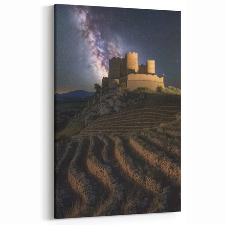Castle Under Stars - Fortress on Terraced Hills with Milky Way Sky
