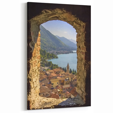 Charming Village View Through Historic Castle Window - Scenic Wall Decor