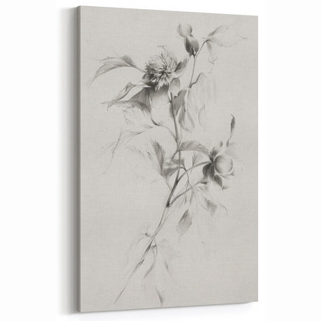 Delicate Floral Sketch - Black and White Botanical Line Art on Canvas