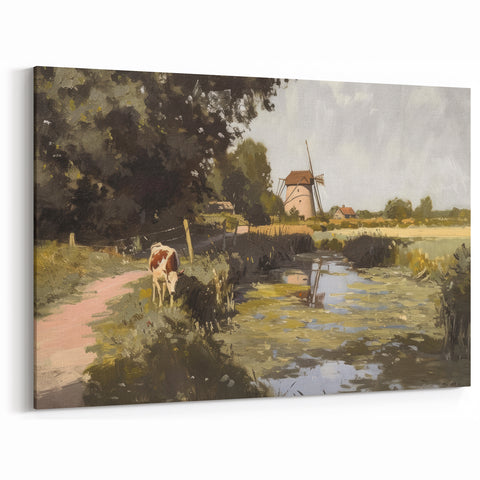 Rustic Countryside Landscape Wall Art - Windmill and Pasture Decor